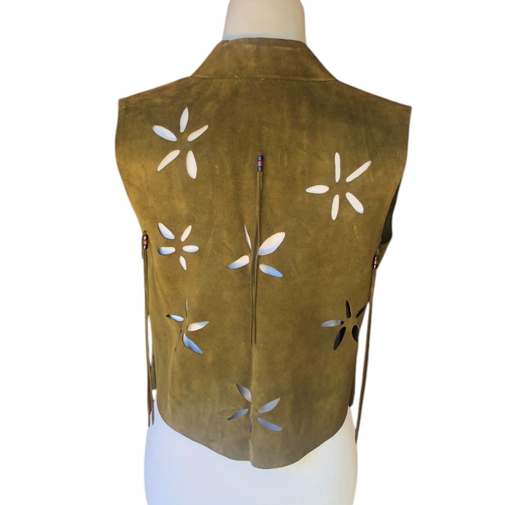 Vintage Army Green Suede Vest Fringe Detail and Flower cut outs - Picture 3 of 16